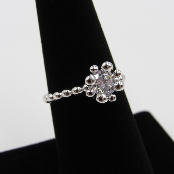 Sterling Silver Beaded Band Clear CZ Diamond Ring - Picture 3 of 5